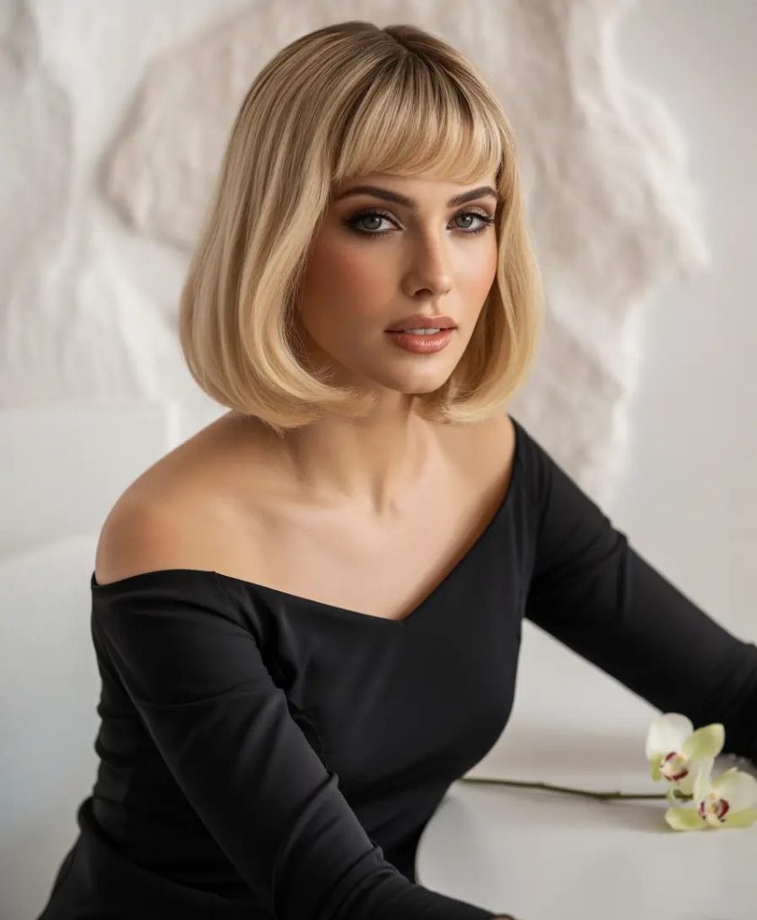 Blunt Blonde Bob with Rounded Bangs
