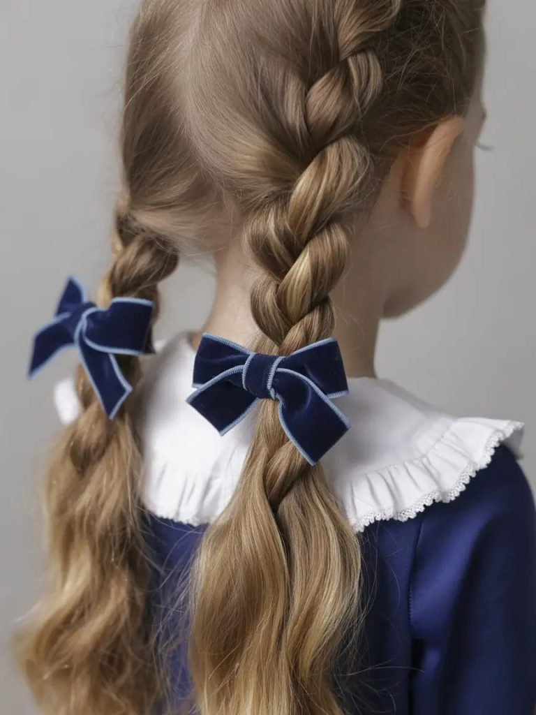 Classic Dutch Braids with Velvet Bows
