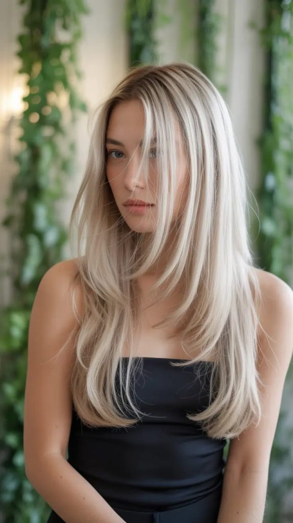 Curtain Bangs with Platinum Shimmer
