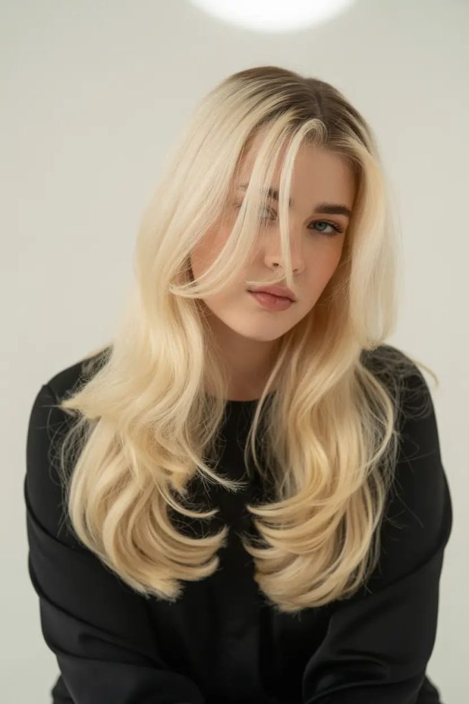 Feathered Platinum Layers with Face-Framing Fringe
