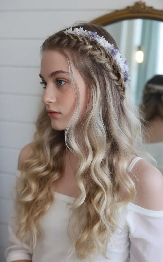 Floral Halo Romantic Braid Crown with Waves