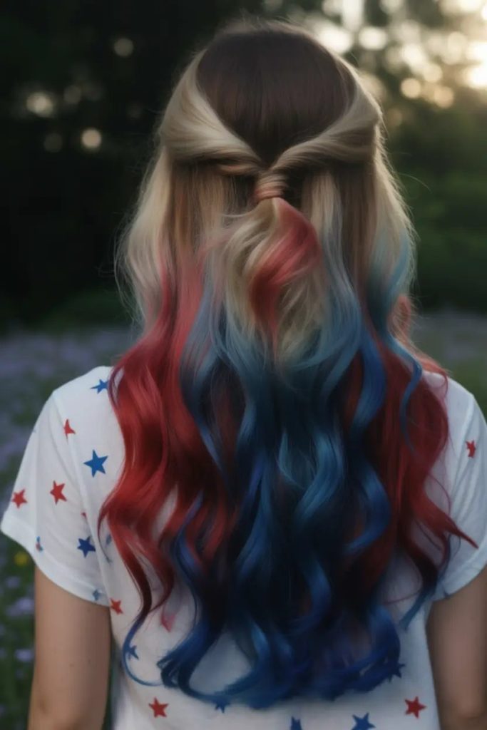 Half-Up Half-Down with Bold Red and Blue Ends
