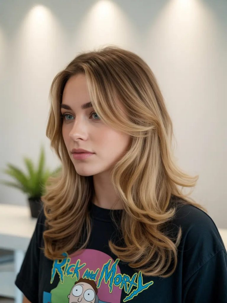 Layered Caramel Blowout with Curtain Fringe
