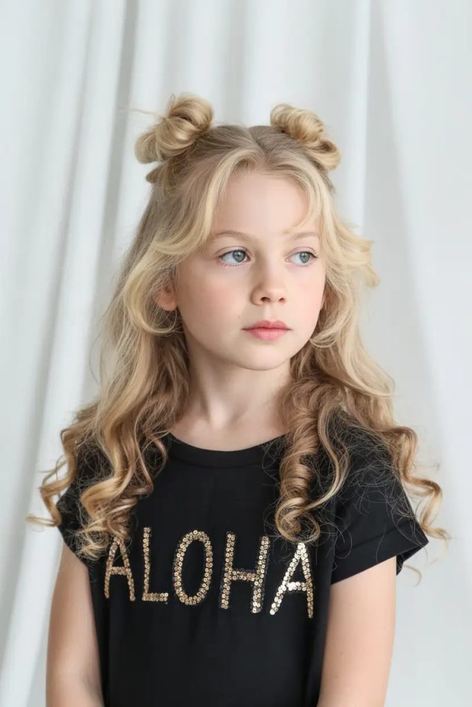 Mini Space Buns with Loose Curls
