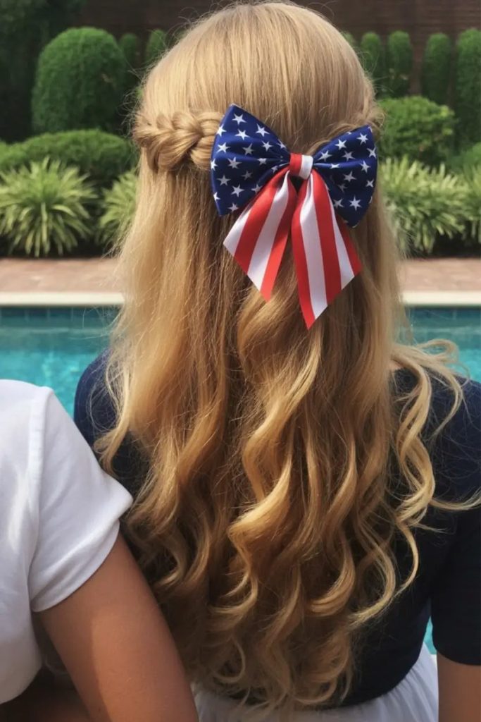 Patriotic Braided Half-Up with Bold Ribbon Flair