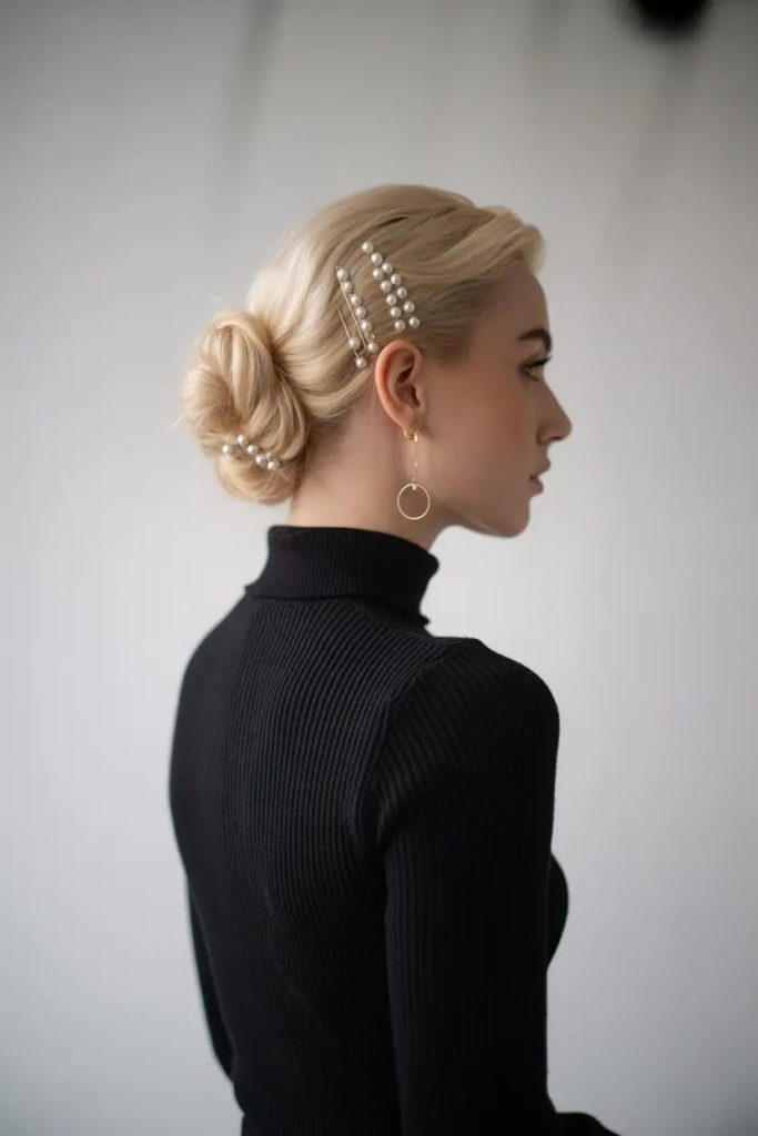 Pearl-Pinned Elegance with Low Knot
