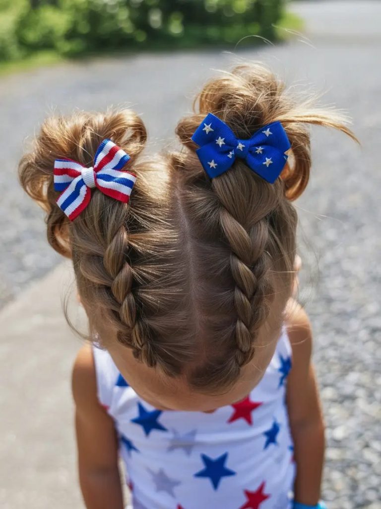 Playful Braided Space Buns with Patriotic Flair
