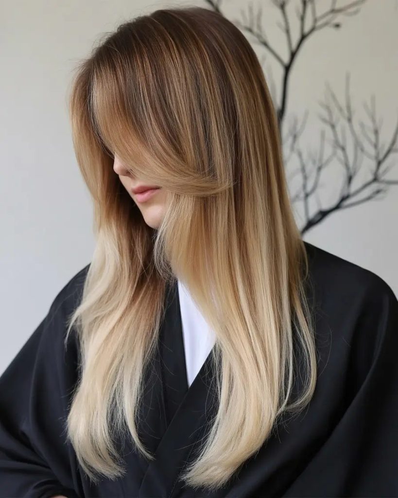 Rooted Blonde Ombre with Feathered Curtain Fringe