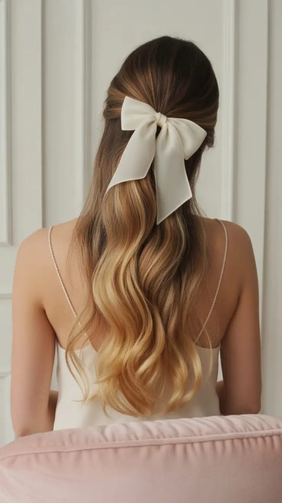 Satin Bow Softie  Half-Up Luxe with Warm Waves