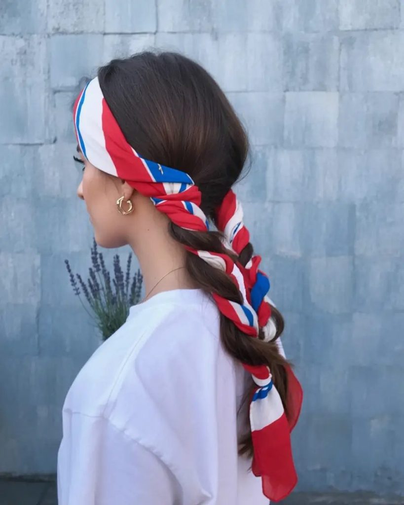 Scarf-Wrapped Braid for Boho Patriotic Vibes
