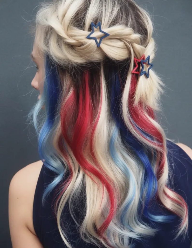 Star-Clip Half-Up with Bold Red, White, and Blue Waves
