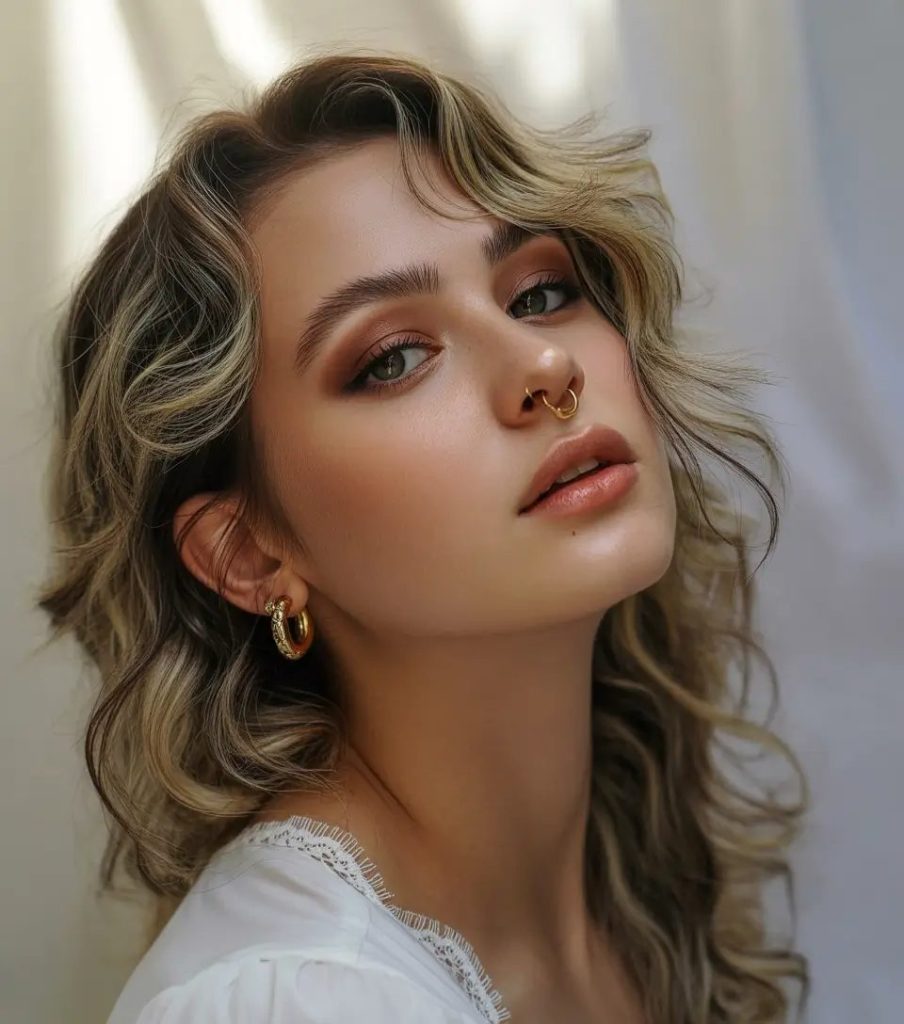 Sunlit Curly Lob with Golden Depth
