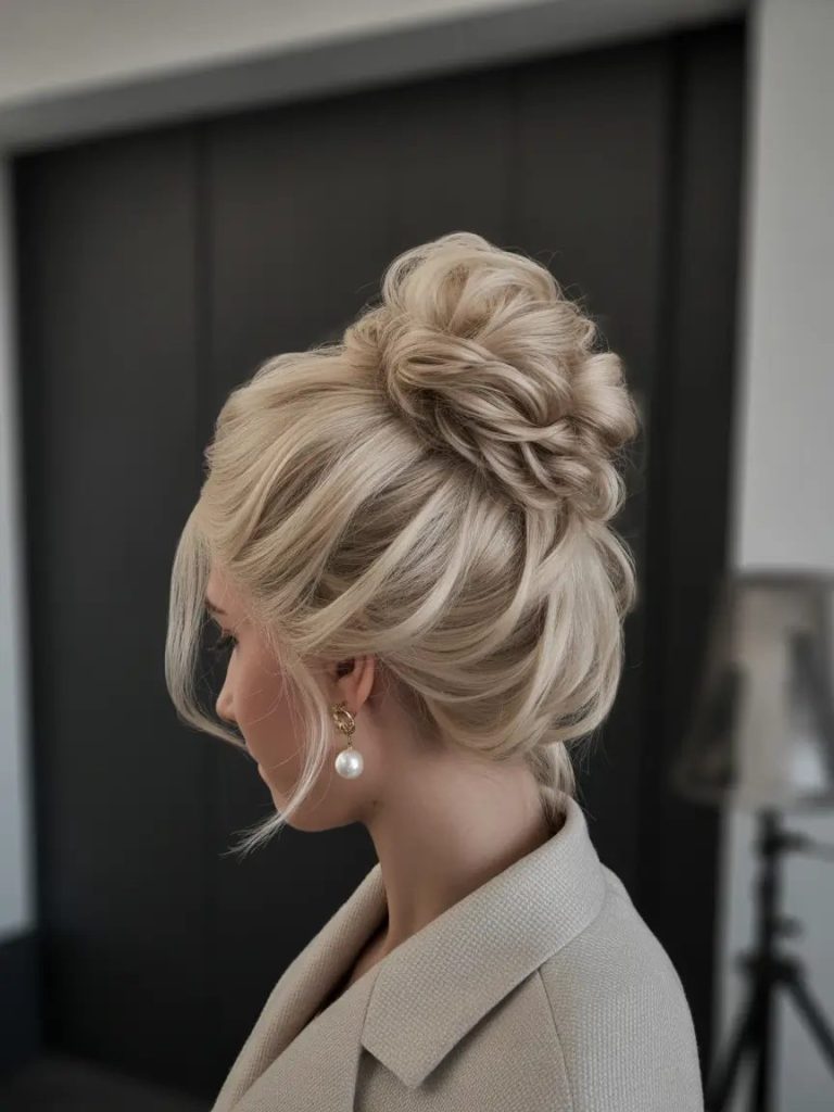 Textured Blonde Updo with Soft Drama

