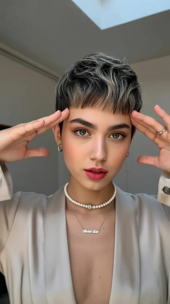 Textured French Pixie with Ashy Balayage Tips
