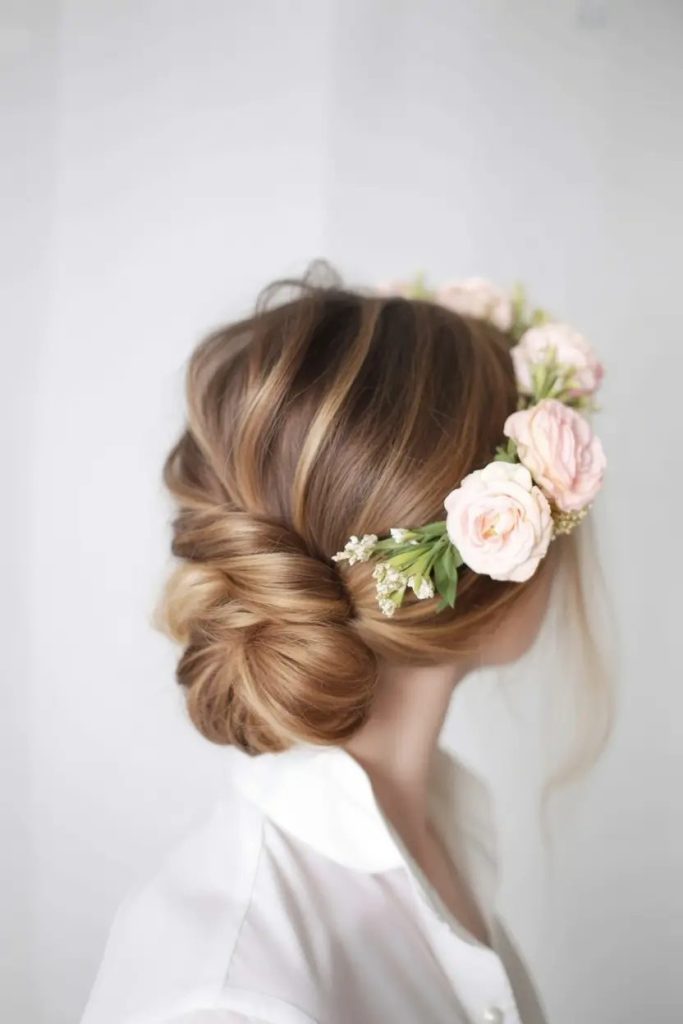 Twisted Low Chignon with Floral Crown
