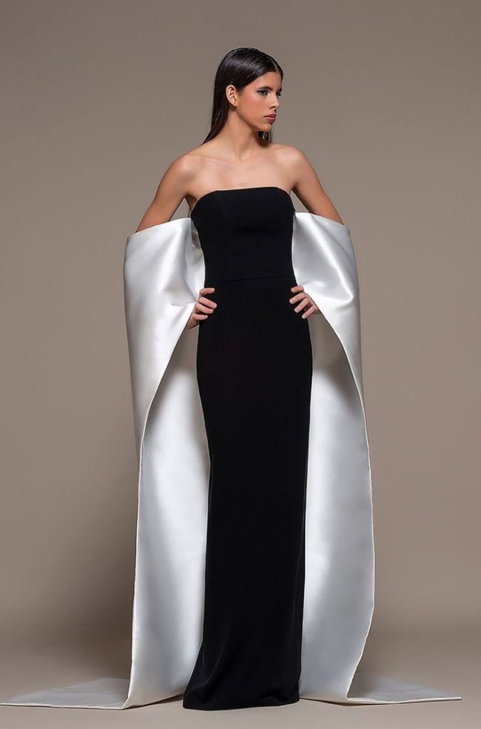 Bold Black and White Gown with Striking Sleeves