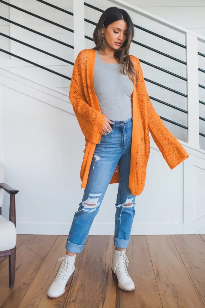 Bright and Cozy in an Oversized Orange Cardigan