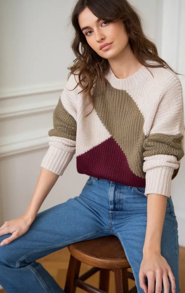 Casual Yet Chic with Color-Blocked Sweater and High-Waisted Jeans