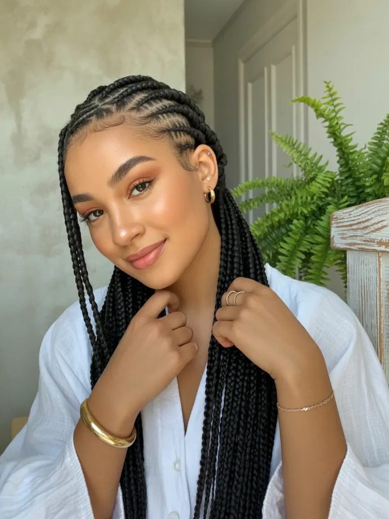 Classic Long Box Braids with a Soft Part

