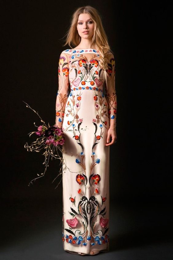 Elegant Long-Sleeve Gown with Vivid Embroidery