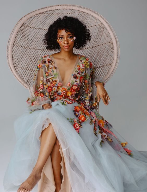 Ethereal Florals on a Misty Blue Gown
