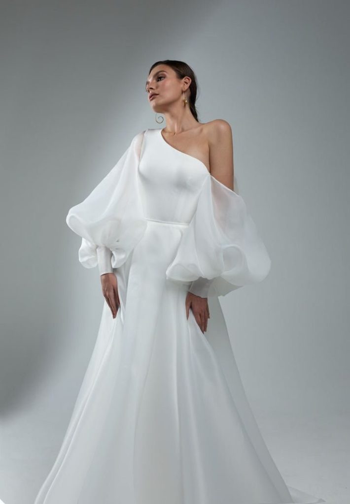 Ethereal One-Shoulder Gown with Sheer Overlay