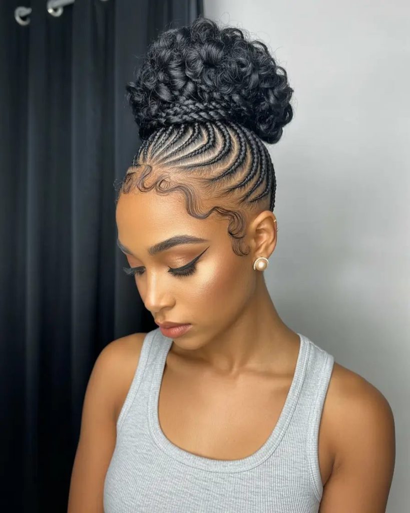 Glam Spiral Bun with Cornrow Flow
