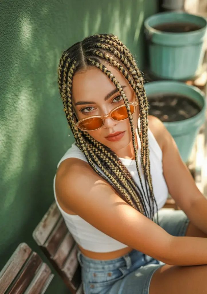 Golden Box Braids with Dark Roots
