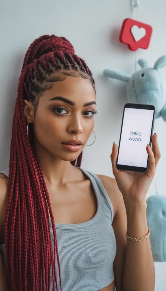 High Red Braided Ponytail with Edge Drama
