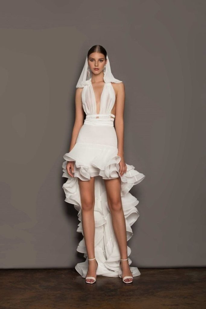 Innovative Ruffled Mini with Cascading Train