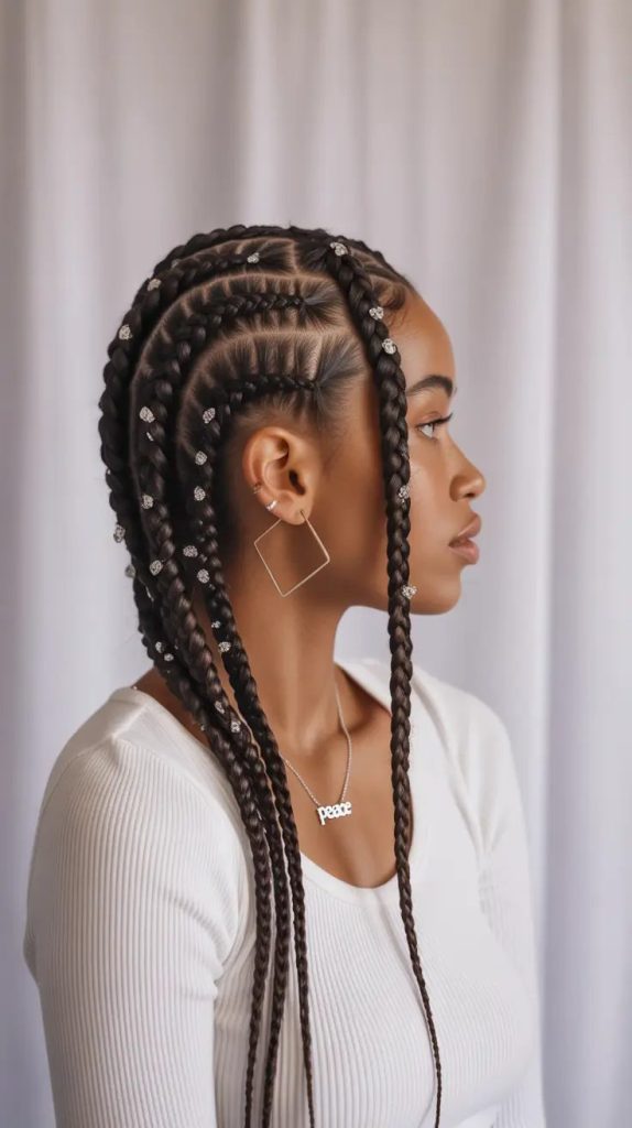 Intricate Parallel Cornrows with Hair Jewelry
