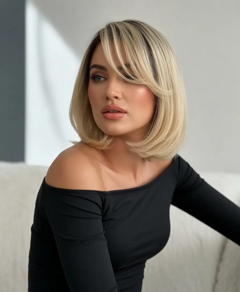Layered Blonde Lob with Curtain Bangs