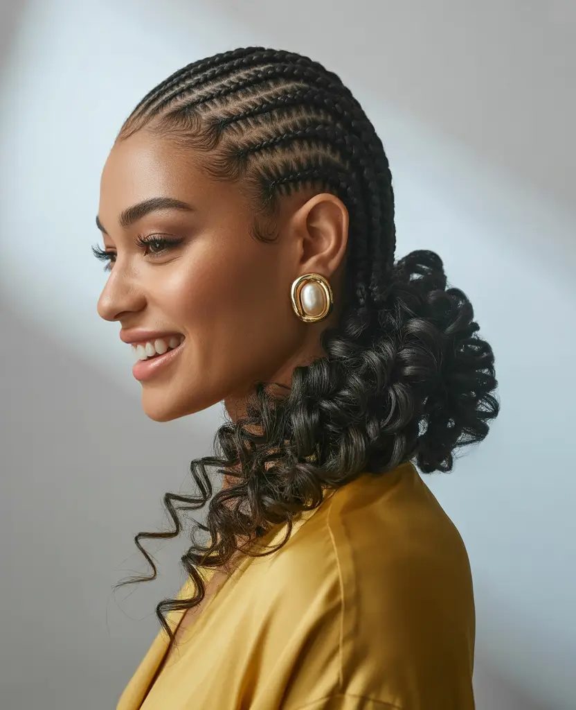 Low Braided Bun with Spiral Curl Detail

