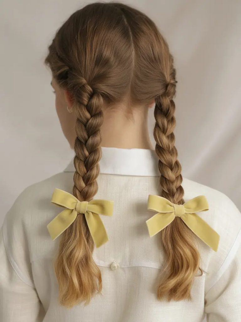 Low Braids with Lemon Ribbons
