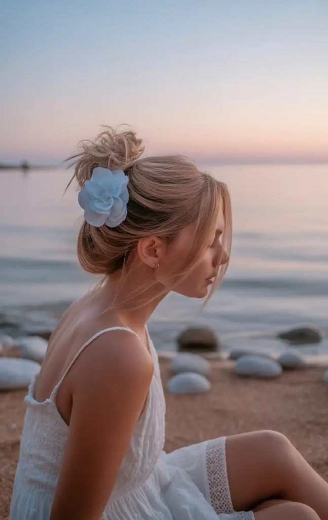 Messy Flower Bun at Golden Hour