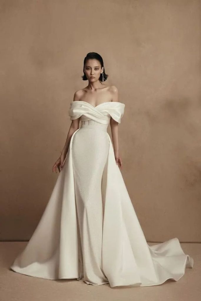 Off-the-Shoulder Opulence in Crepe and Satin
