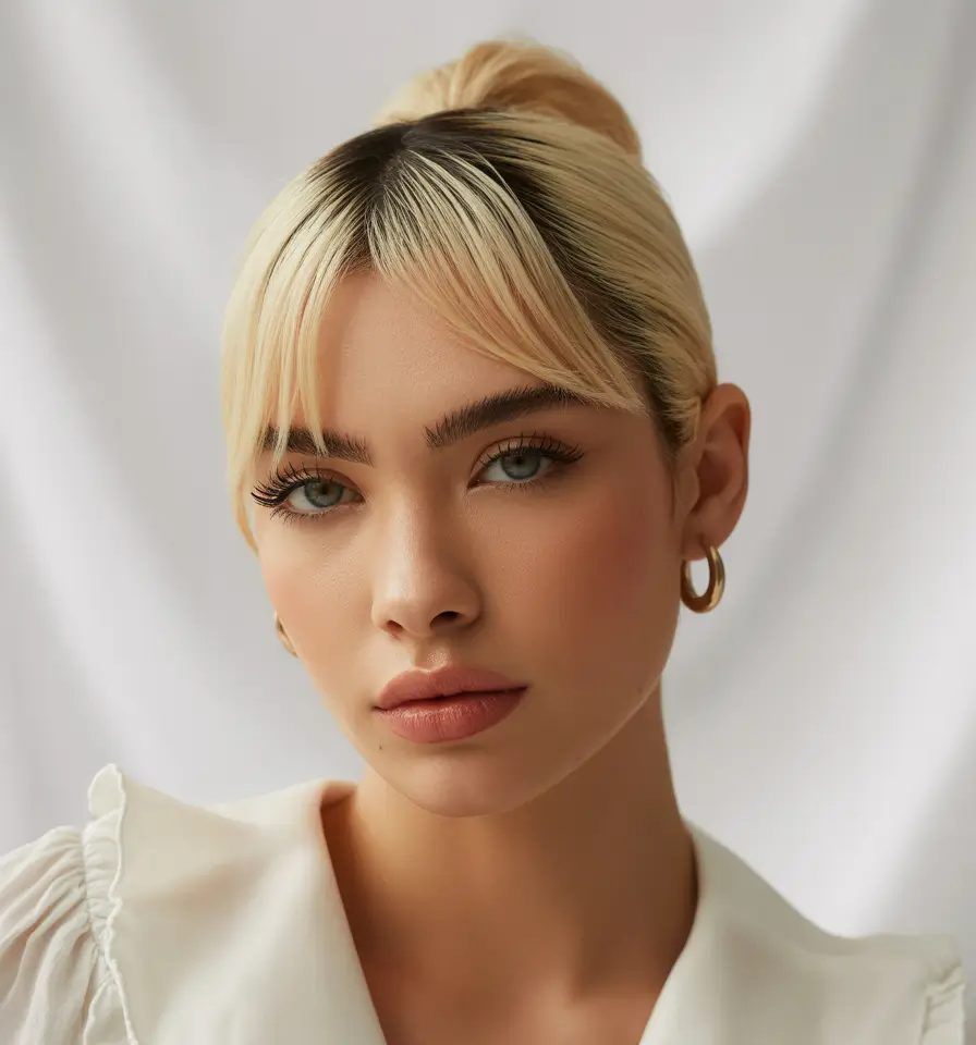 Polished Bun with Wispy Curtain Bangs