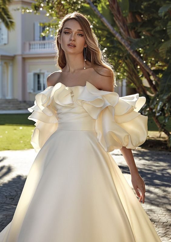 Romantic Off-Shoulder Gown with Cascading Ruffles