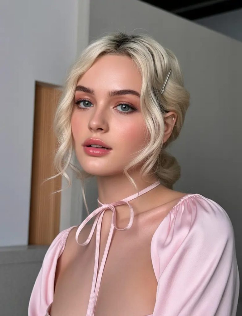 Romantic Side-Swept Blonde Updo with Soft Waves