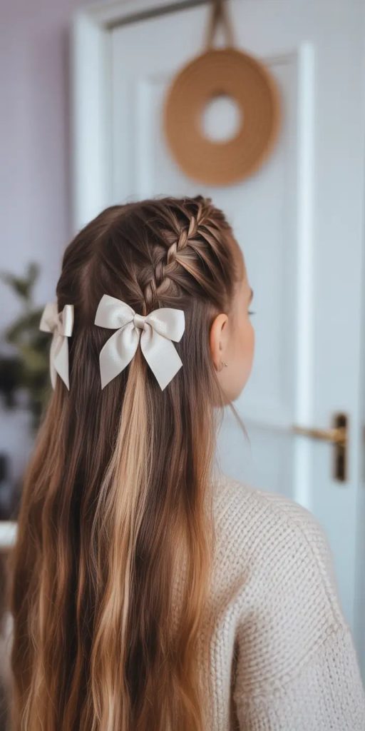 Side-Swept Braids with Pearl Bows