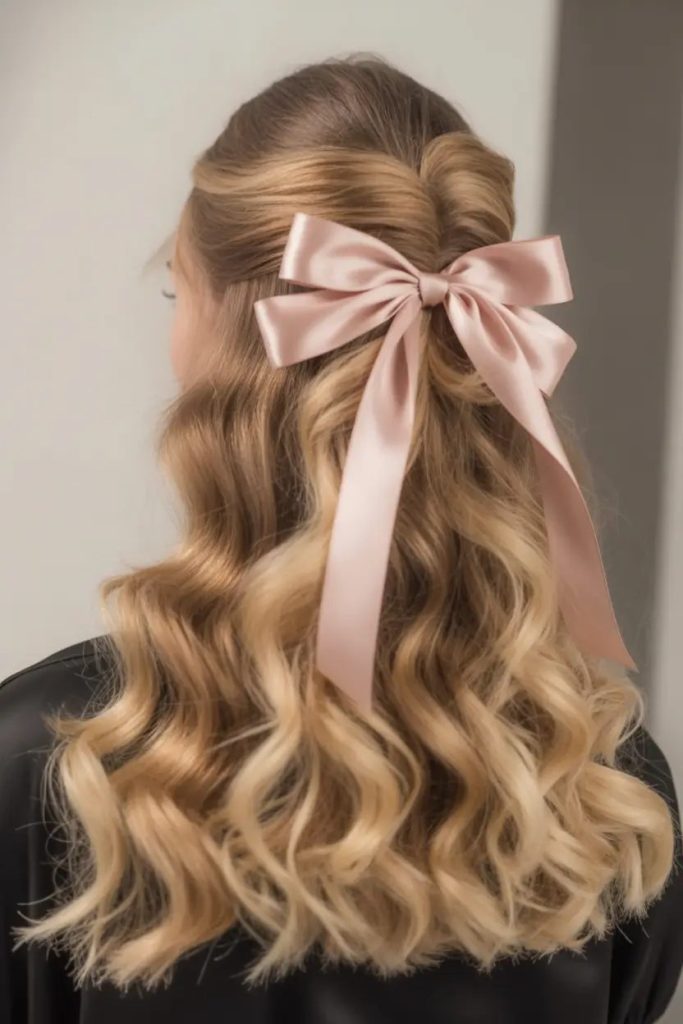 Soft Blonde Waves with a Satin Bow
