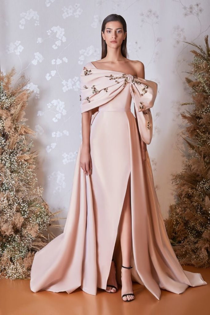 Soft Blush Asymmetrical Gown with Floral Embellishments