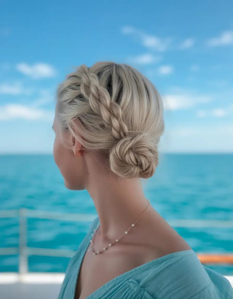 Twisted Crown Braid with a Breezy Low Bun

