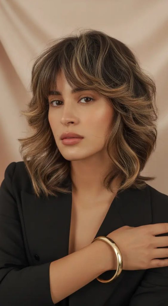 Wavy Layers with Blonde Accents and Feathered Bangs