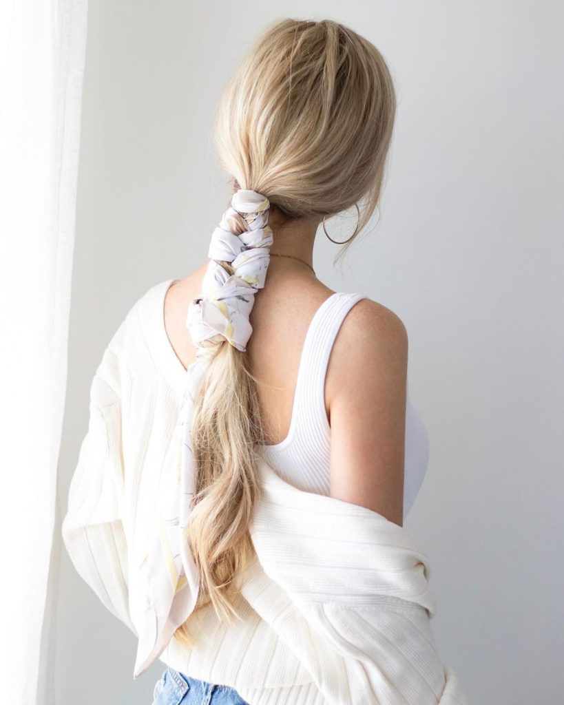 Playful Long Ponytail with a Fabric Twist