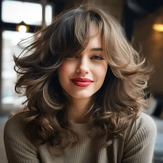 Voluminous Curls with a Side-Swept Bang